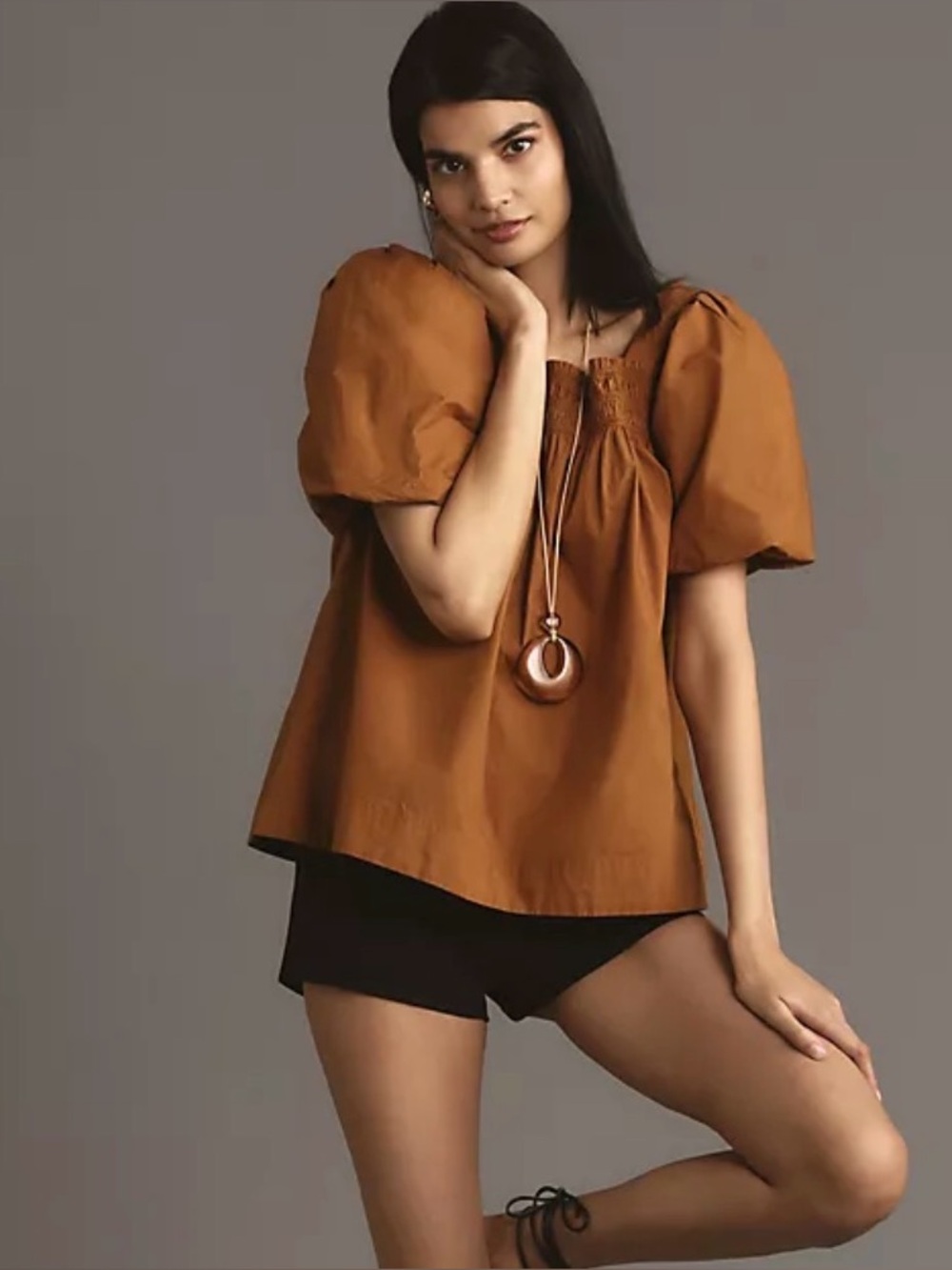 Womens Anthropologie Maeve Puff-Sleeve Smocked Blouse Large